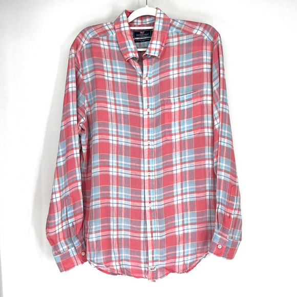 Vineyard Vines Linen Shirt Mens Medium Pink Blue Murray Classic Fit Plaid - Picture 1 of 9